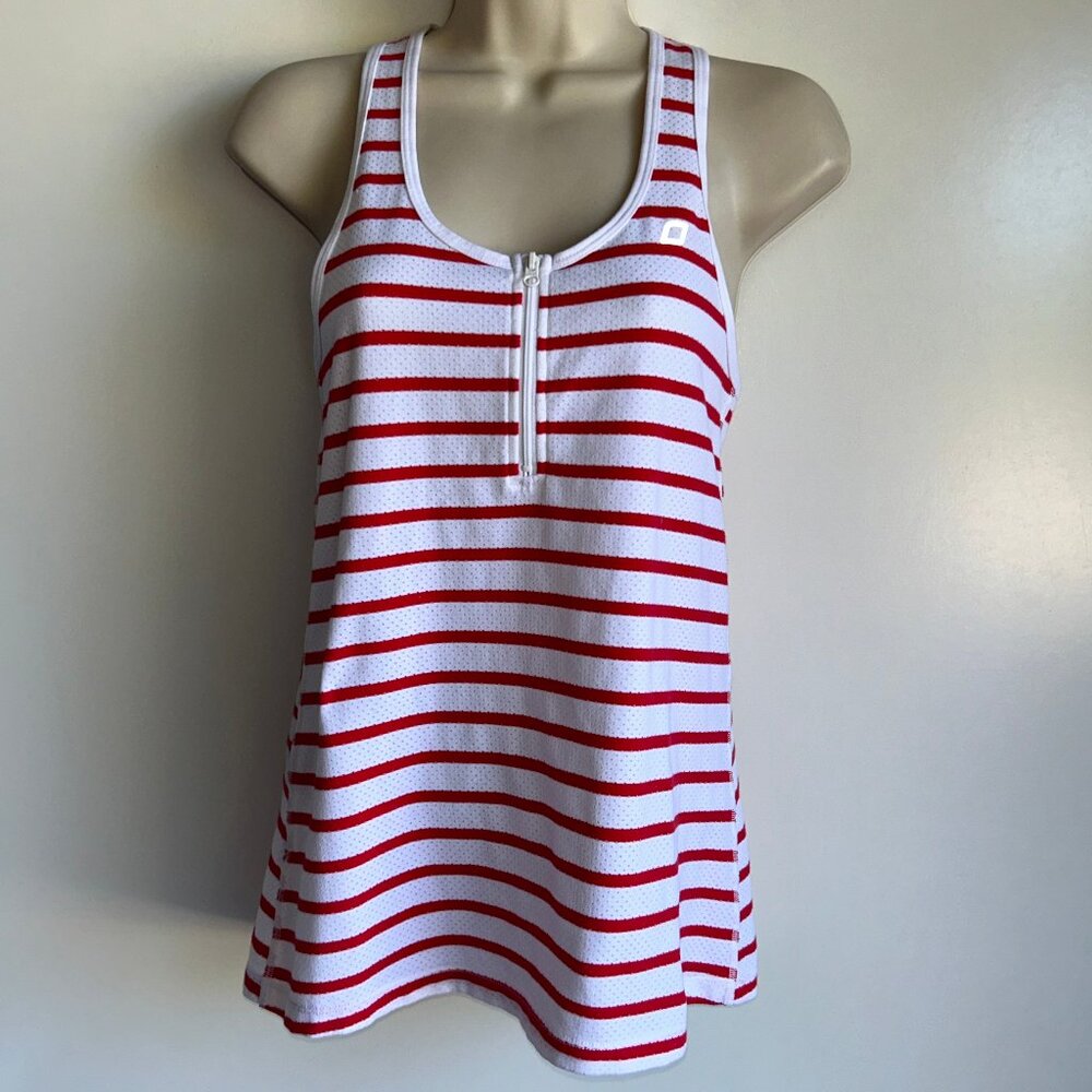 LORNA JANE Red & White Stripe Racerback Mesh Tank Top Zips at Chest ~Medium~EUC